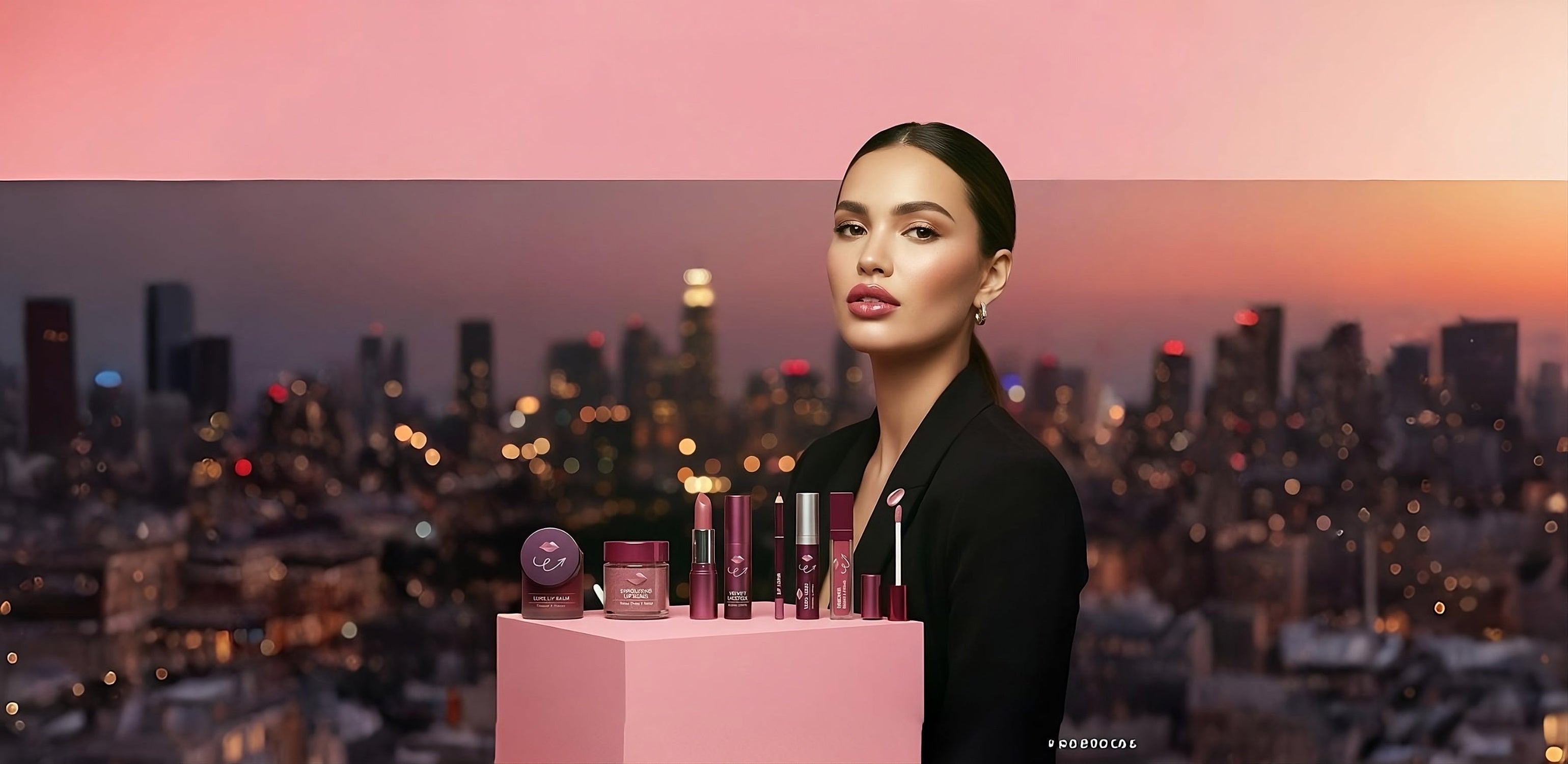 Woman with makeup products against a cityscape background