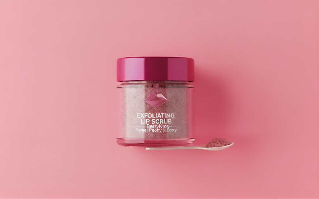 Exfoliating lip scrub in a pink jar on a pink background