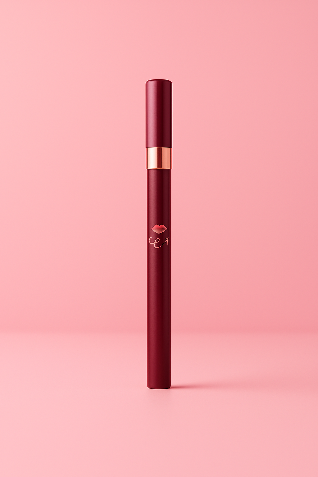Maroon lip liner with rose gold accents on a pink background
