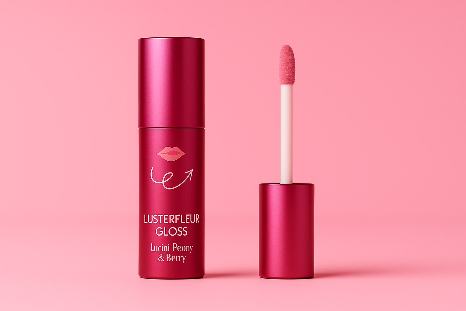 Lusterfleur Gloss lip gloss with applicator on a pink background