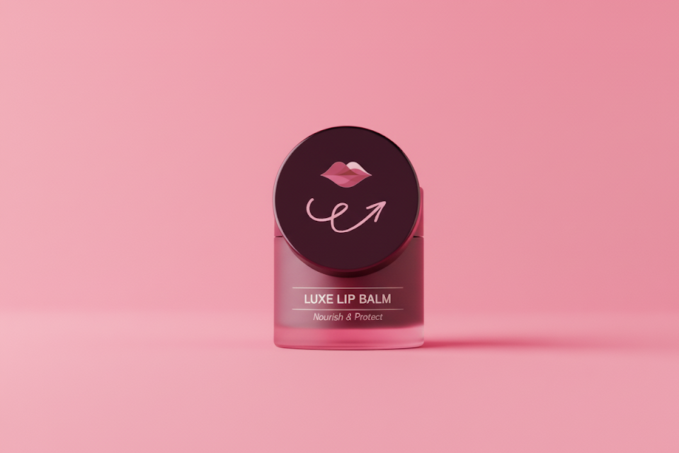 Luxe lip balm container with pink lip design on a pink background