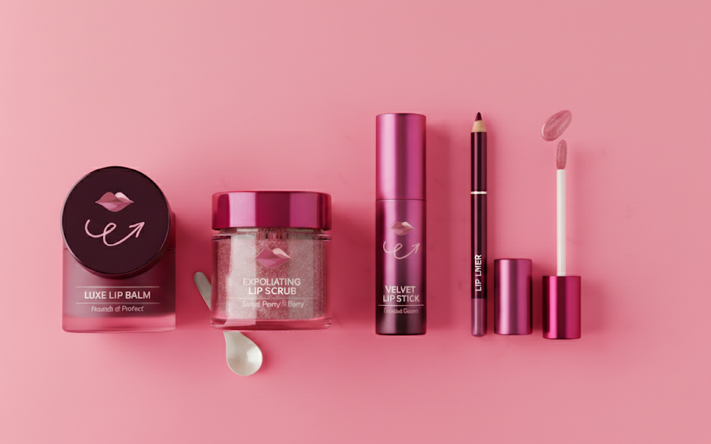 Set of lip care products including balm, scrub, and pencil on a pink background